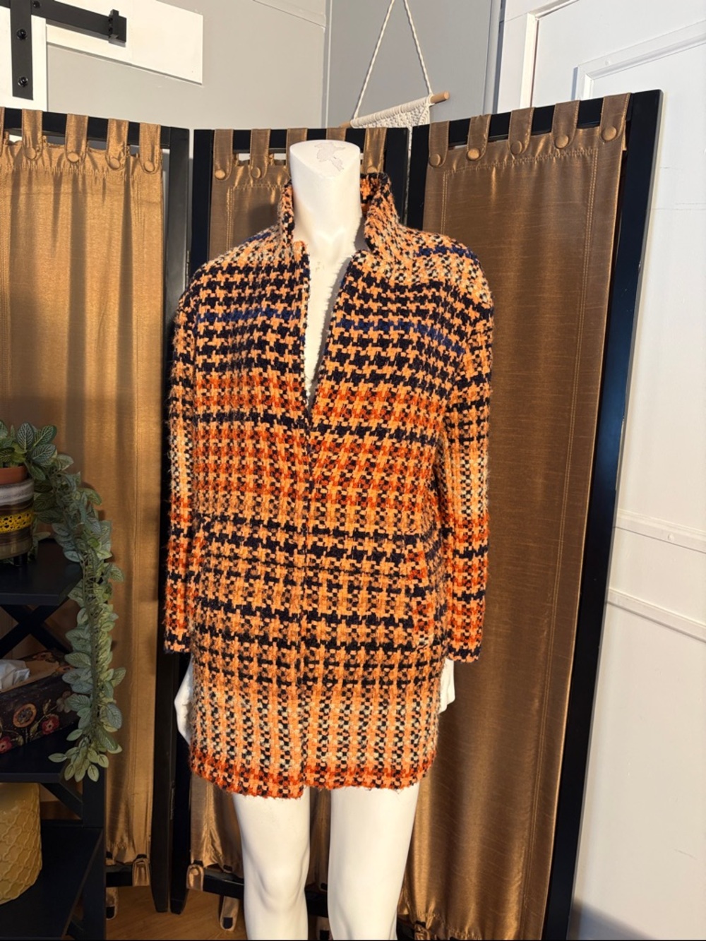 H&M Orange & Navy Houndstooth Coatigan